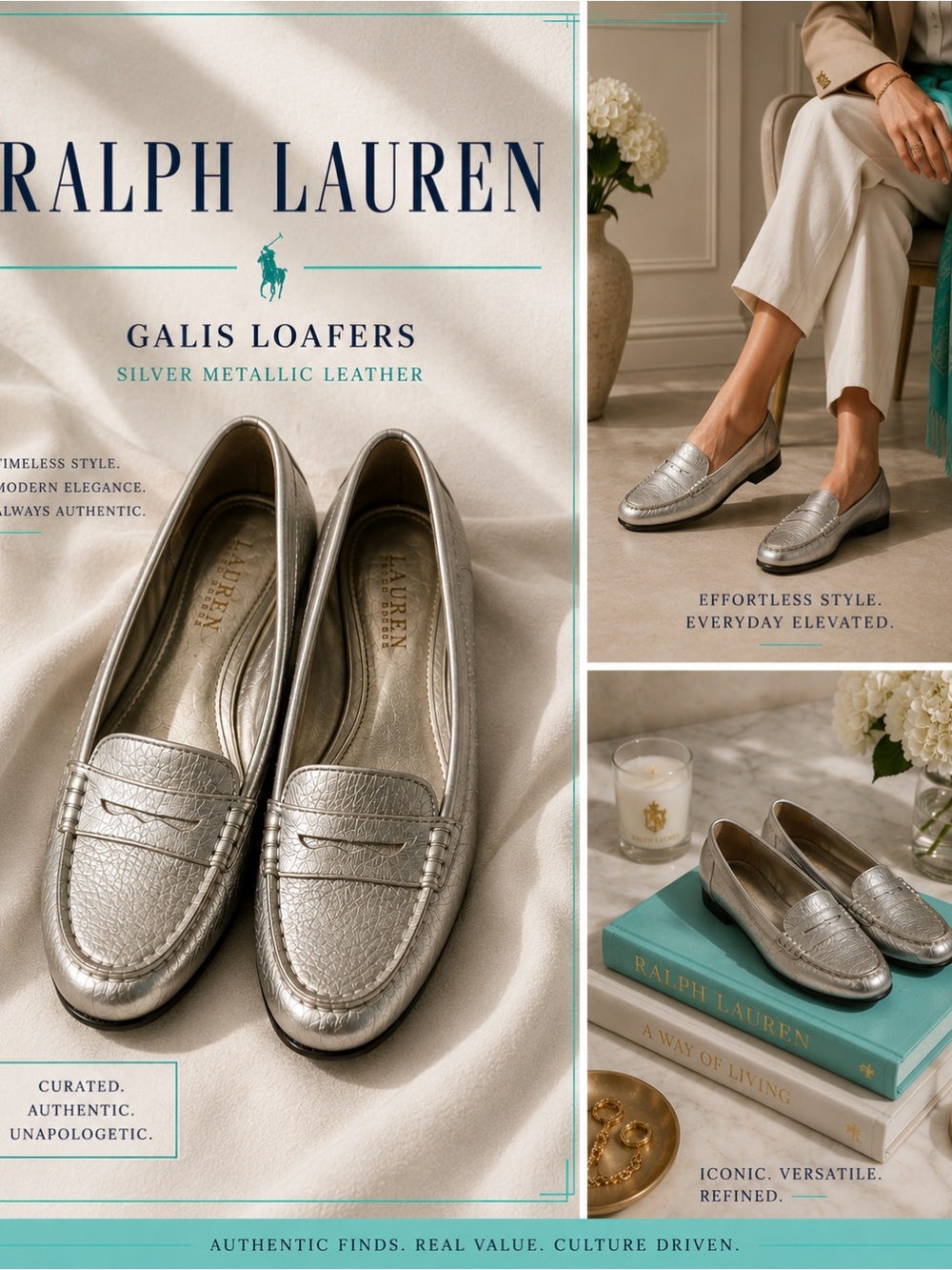 Ralph Lauren Galis Silver Metallic Leather Penny Loafers Preppy
